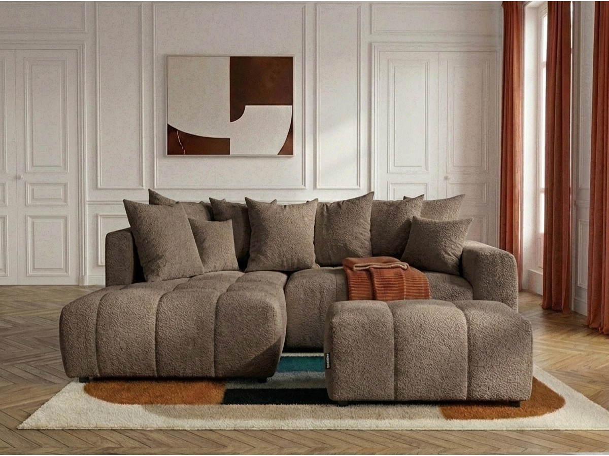 Bobochic Roxelane Ecksofa mit Schlaffunktion und Bettkasten und Pouf Bouclé-Stoff Braun Ecke links
