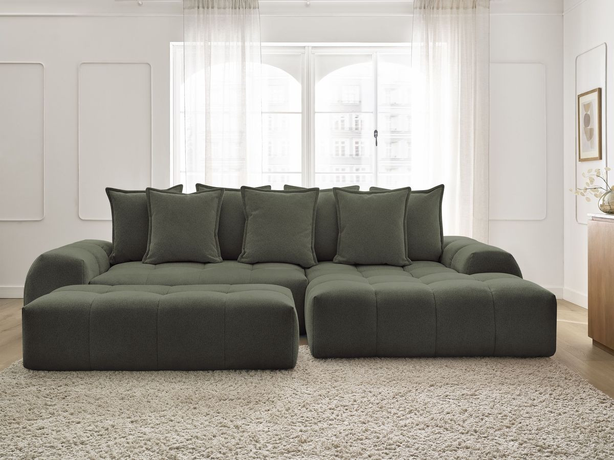 Bobochic Everest Ecksofa mit Schlaffunktion und Bettkasten und Pouf 318 × 180 cm, 7 Kissen Melange-Stoff Grün Ecke rechts