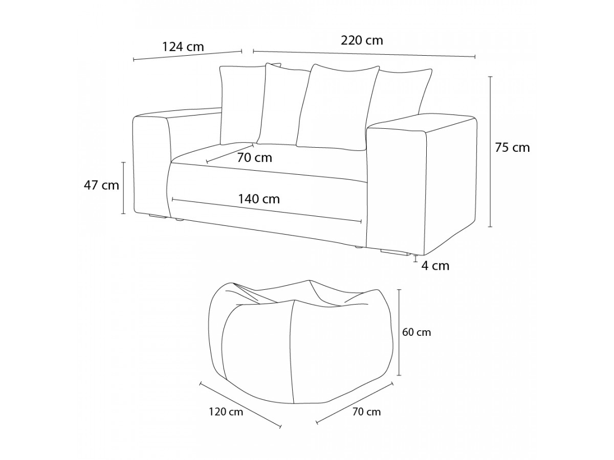 Bobochic Voltaire Sofa 2-Sitzer mit Pouf Cordsamt Beige