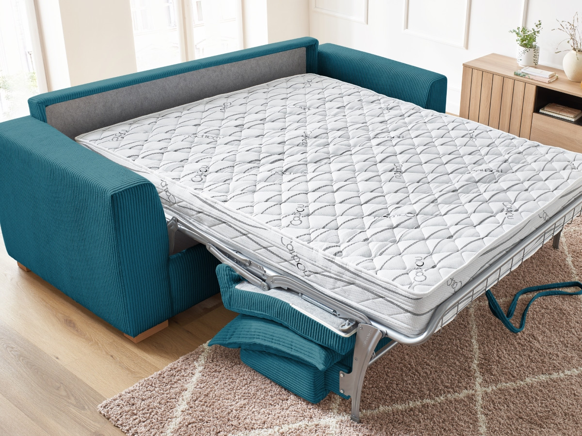 Bobochic Augustin Schlafsofa 3-Sitzer Cordsamt Hellblau, Liegefläche 160 × 200 cm