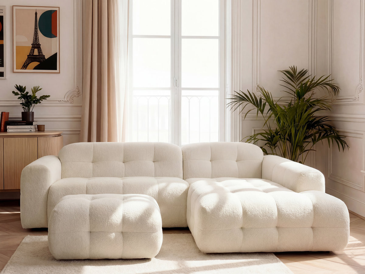 Bobochic Laura Ecksofa mit kleinem Pouf Melange-Stoff Beige Ecke rechts