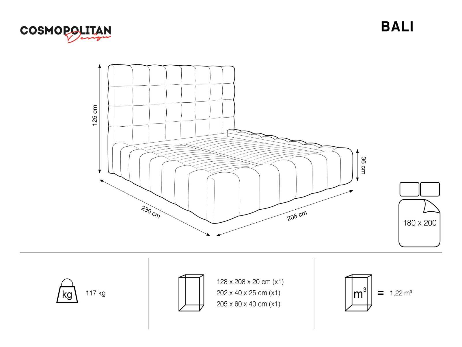 Cosmopolitan Design Stauraumbett mit Kopfteil Bali 180x200 Samt Bluvel Schwarz