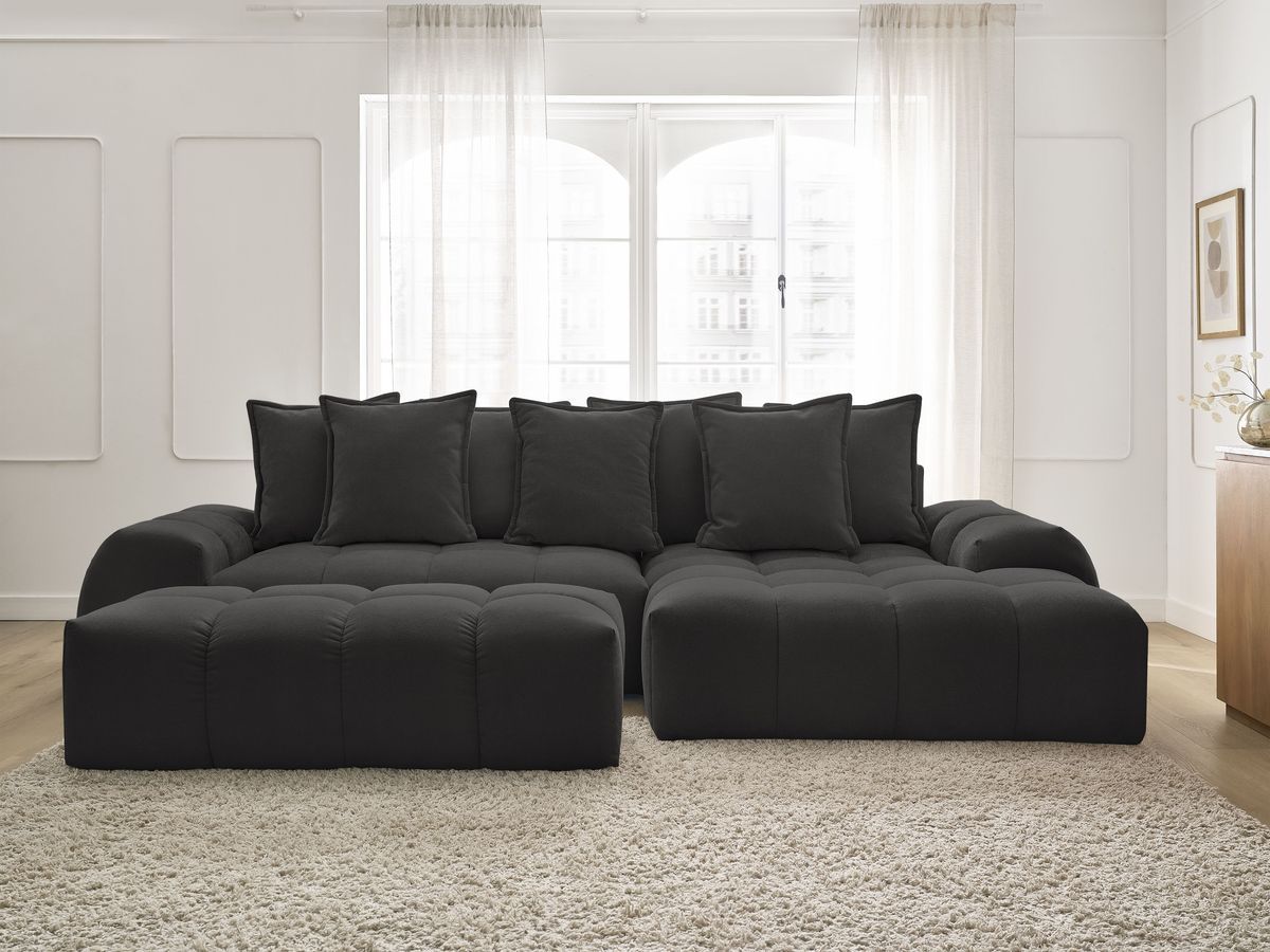 Bobochic Everest Ecksofa mit Schlaffunktion und Bettkasten und Pouf 318 × 180 cm, 7 Kissen Strukturstoff Schwarz Ecke rechts