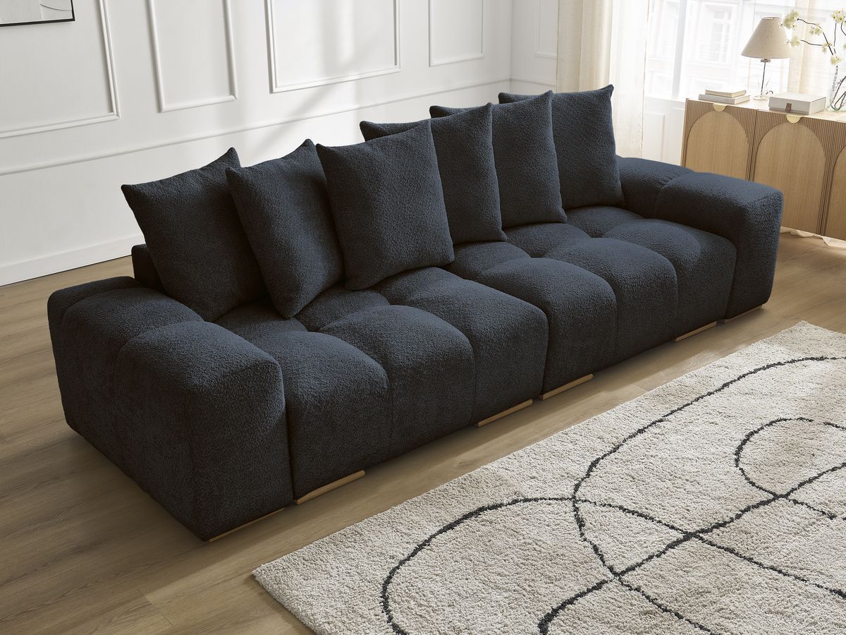 Bobochic Anakin Sofa 3-Sitzer, 6 Kissen Bouclé-Stoff Dunkelblau