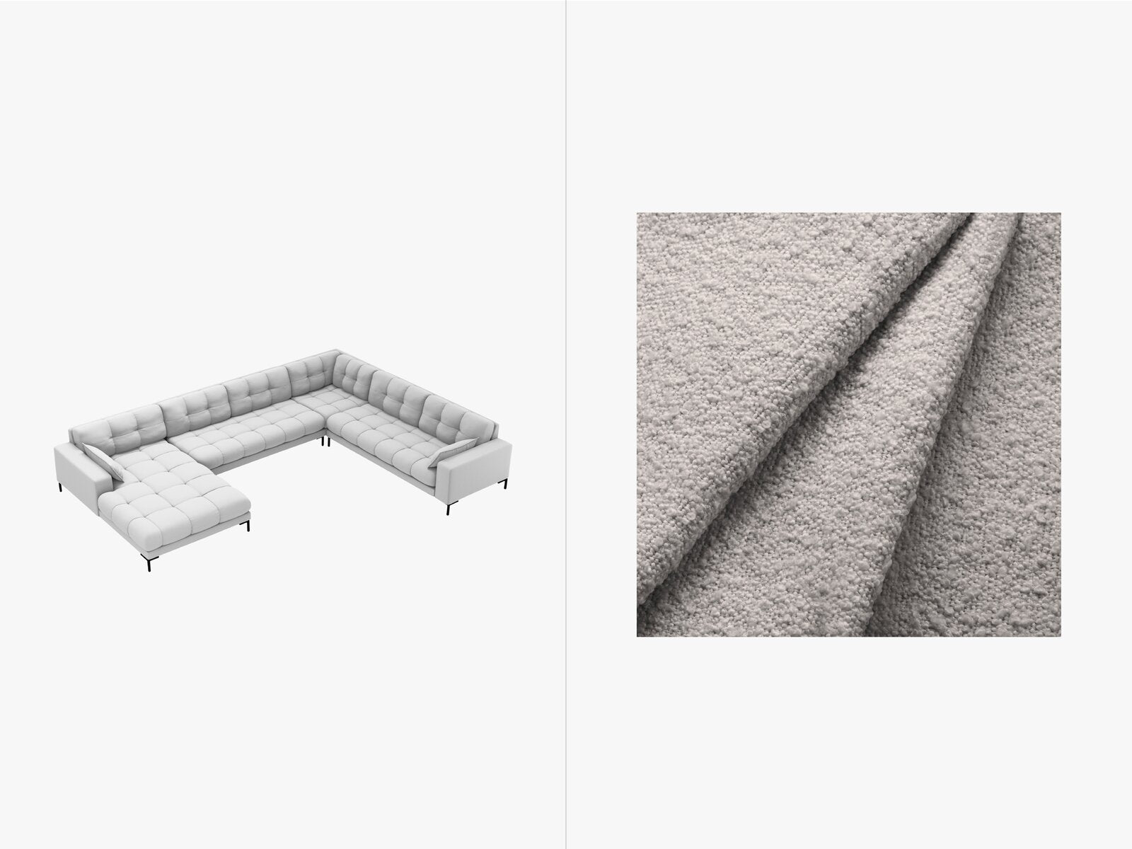Micadoni Wohnlandschaft Mamaia 7-Sitzer Rechts Boucle Baloo Hellgrau schwarze Beine