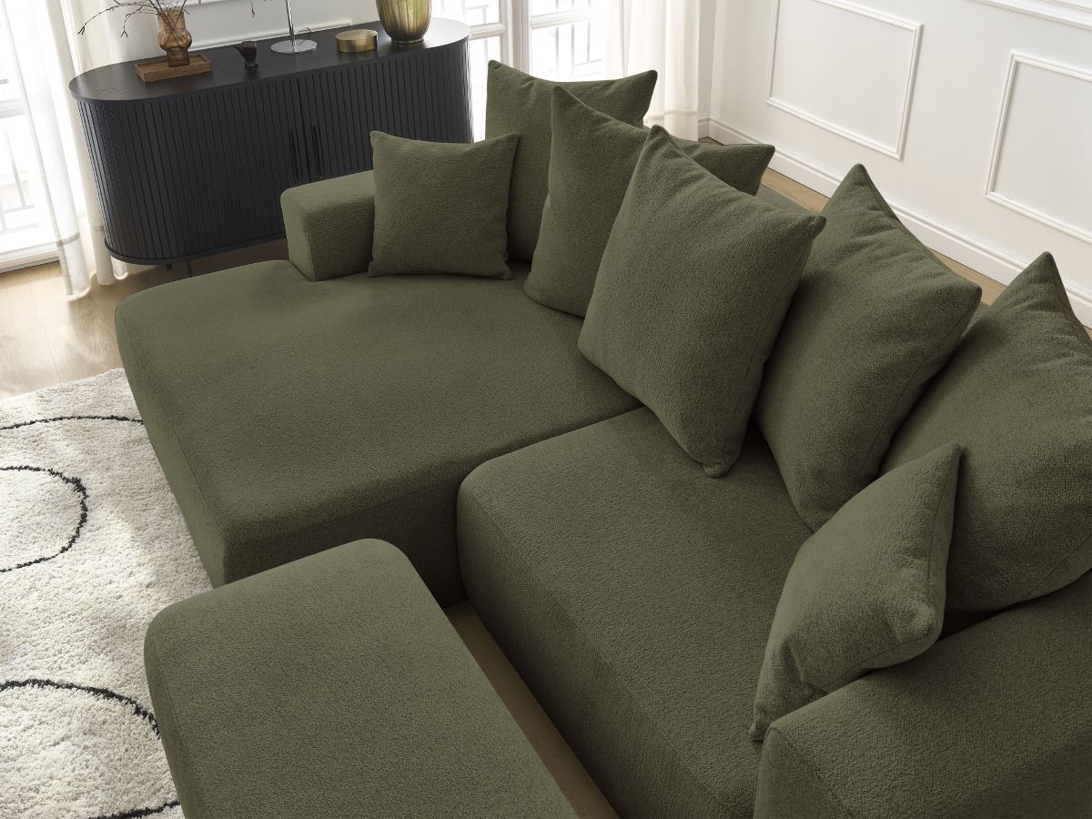 Bobochic Atilla Ecksofa mit Schlaffunktion und Bettkasten und Pouf Melange-Stoff Grün Ecke links