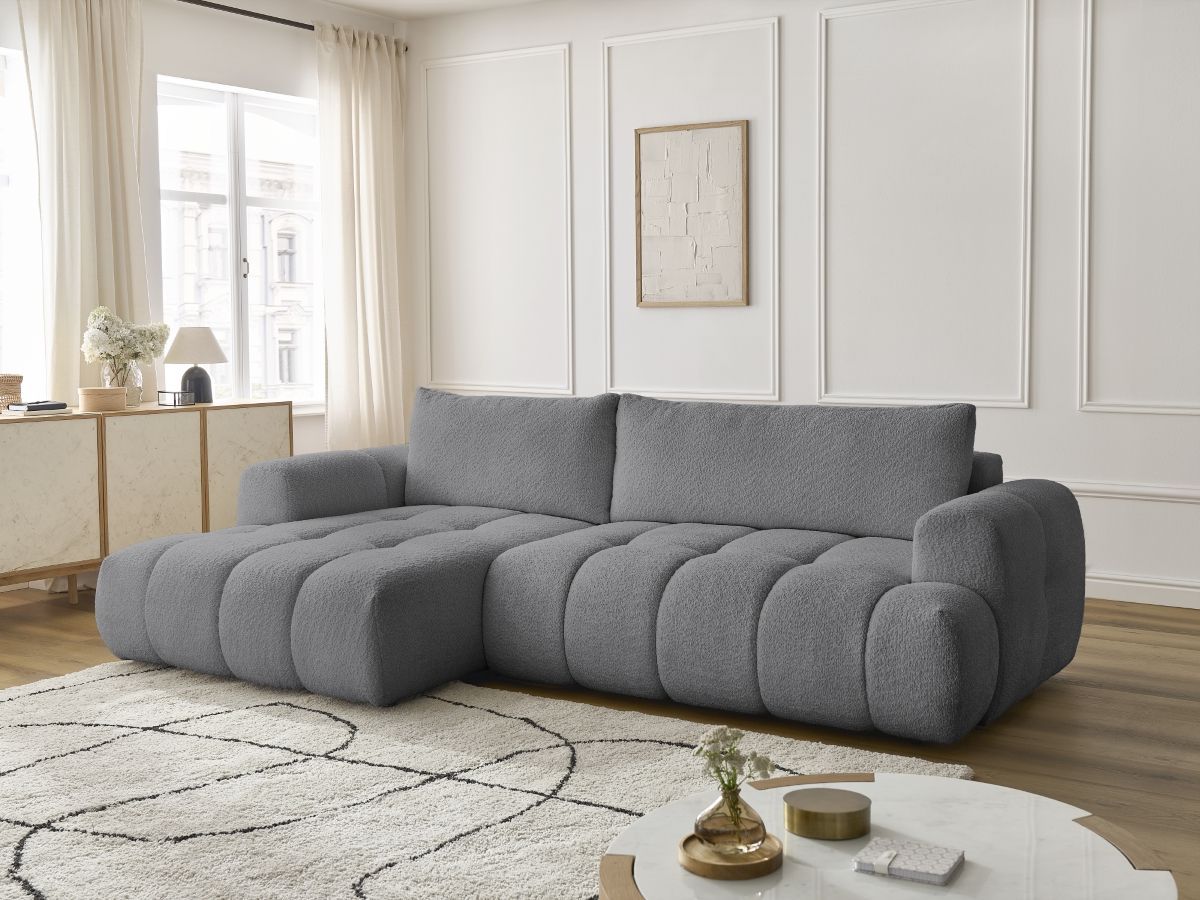Bobochic Fuji Ecksofa mit Schlaffunktion und Bettkasten 292 × 160 cm Bouclé-Stoff Dunkelgrau Ecke links