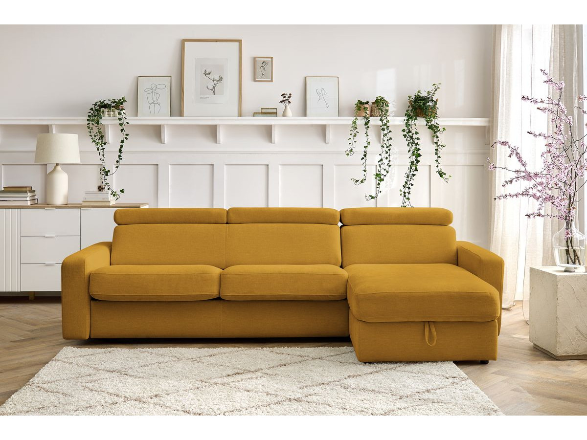 Bobochic Monaco Ecksofa mit Schlaffunktion und Bettkasten Stoff Gelb, Liegefläche 140 × 190 cm