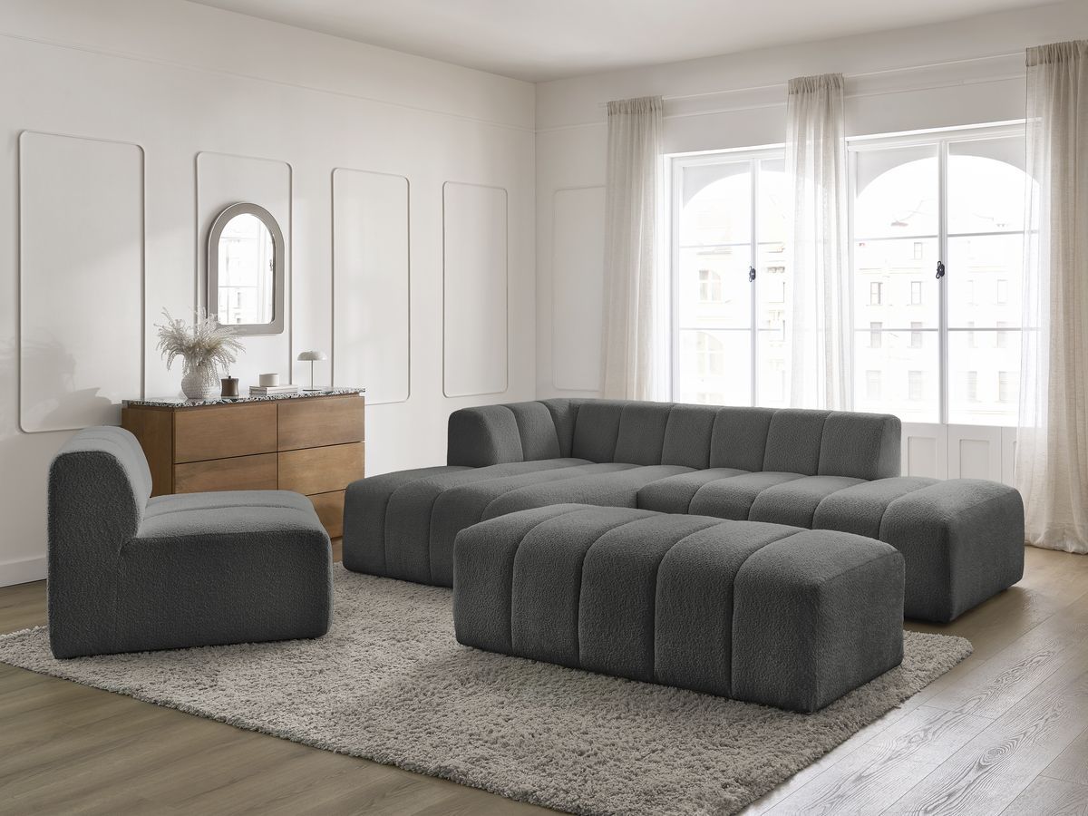Bobochic Annecy Ecksofa mit Sofamodul und Pouf Bouclé-Stoff Dunkelgrau Ecke links