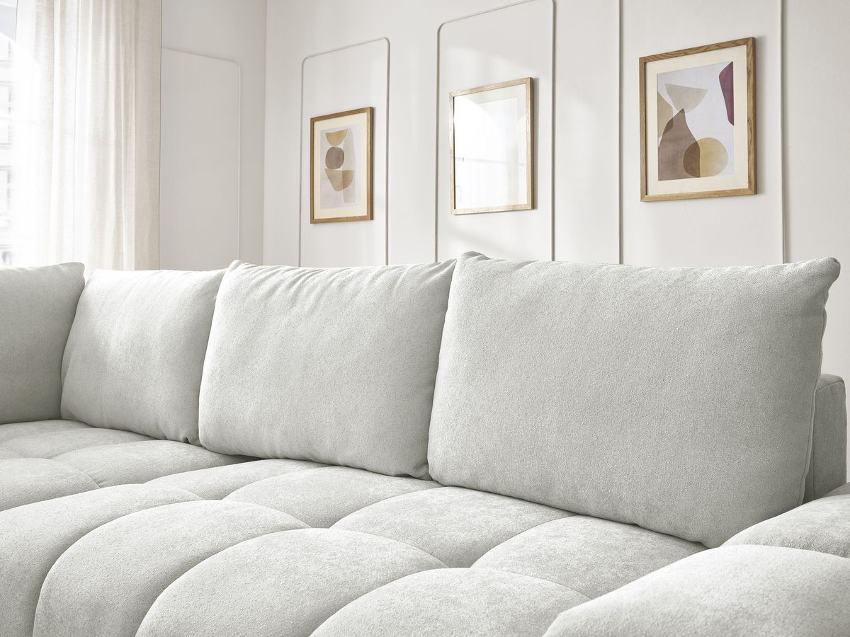 Bobochic Everest Ecksofa mit Schlaffunktion und Bettkasten 320 × 212 cm, 5 Kissen Strukturstoff Hellgrau Ecke links