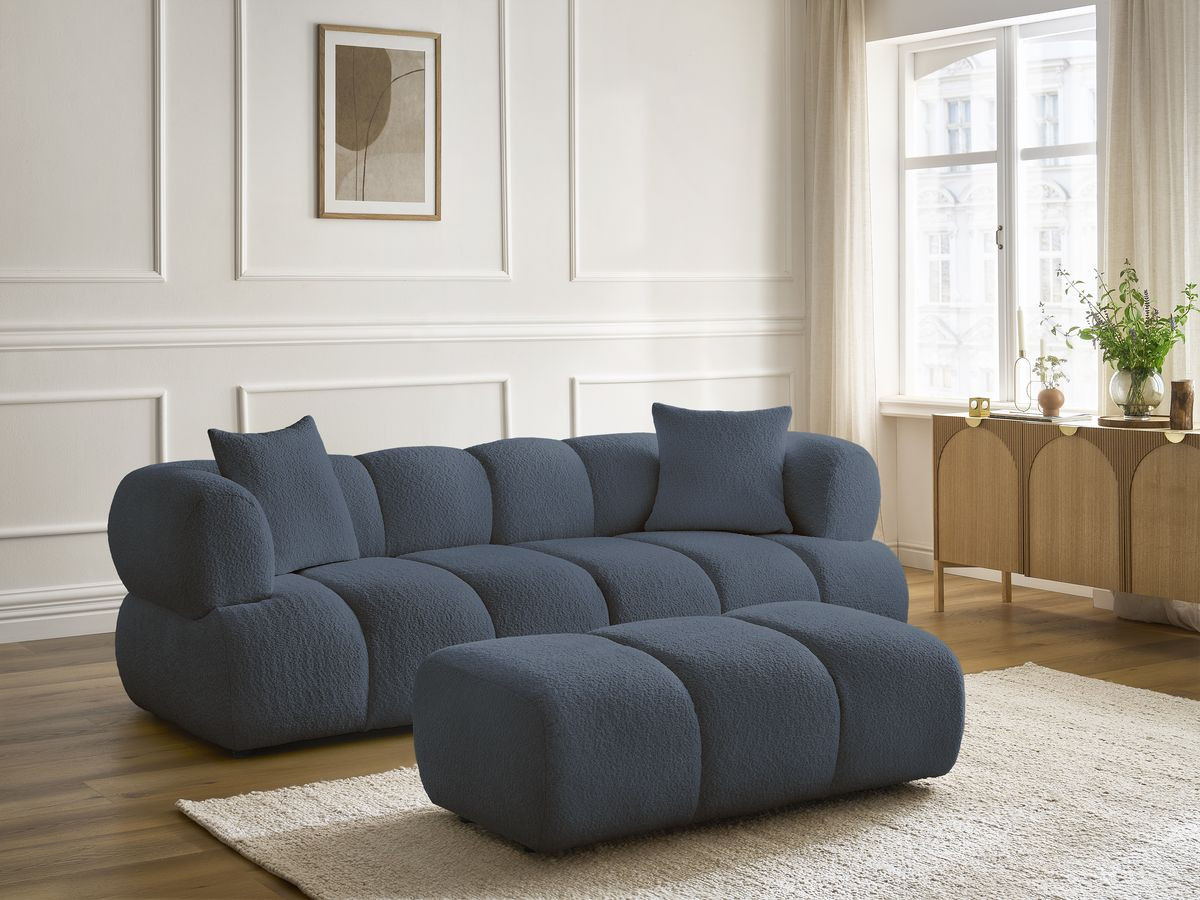Bobochic Pamira Sofa 3-Sitzer mit Pouf Bouclé-Stoff Dunkelblau