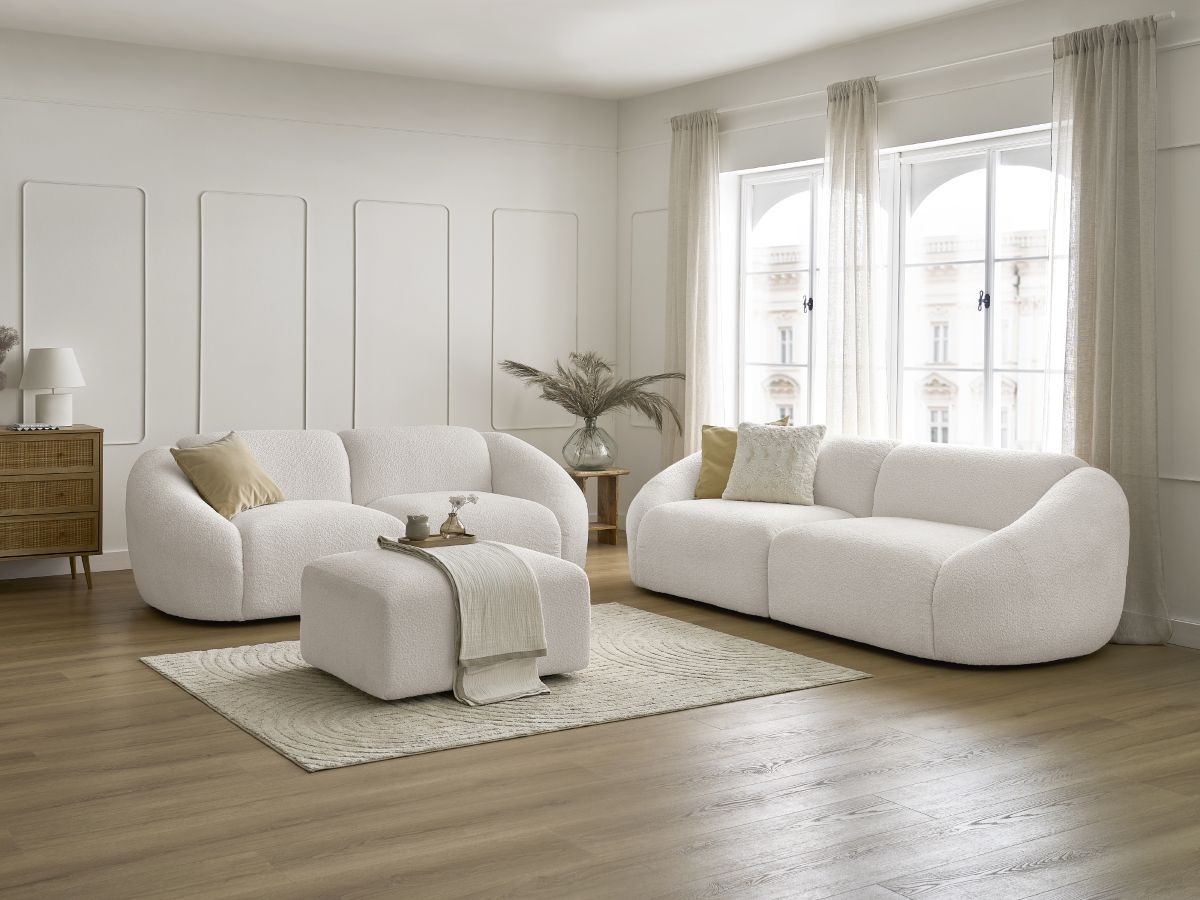Bobochic Tina Sofa 6-Sitzer mit Pouf Bouclé-Stoff Weiß