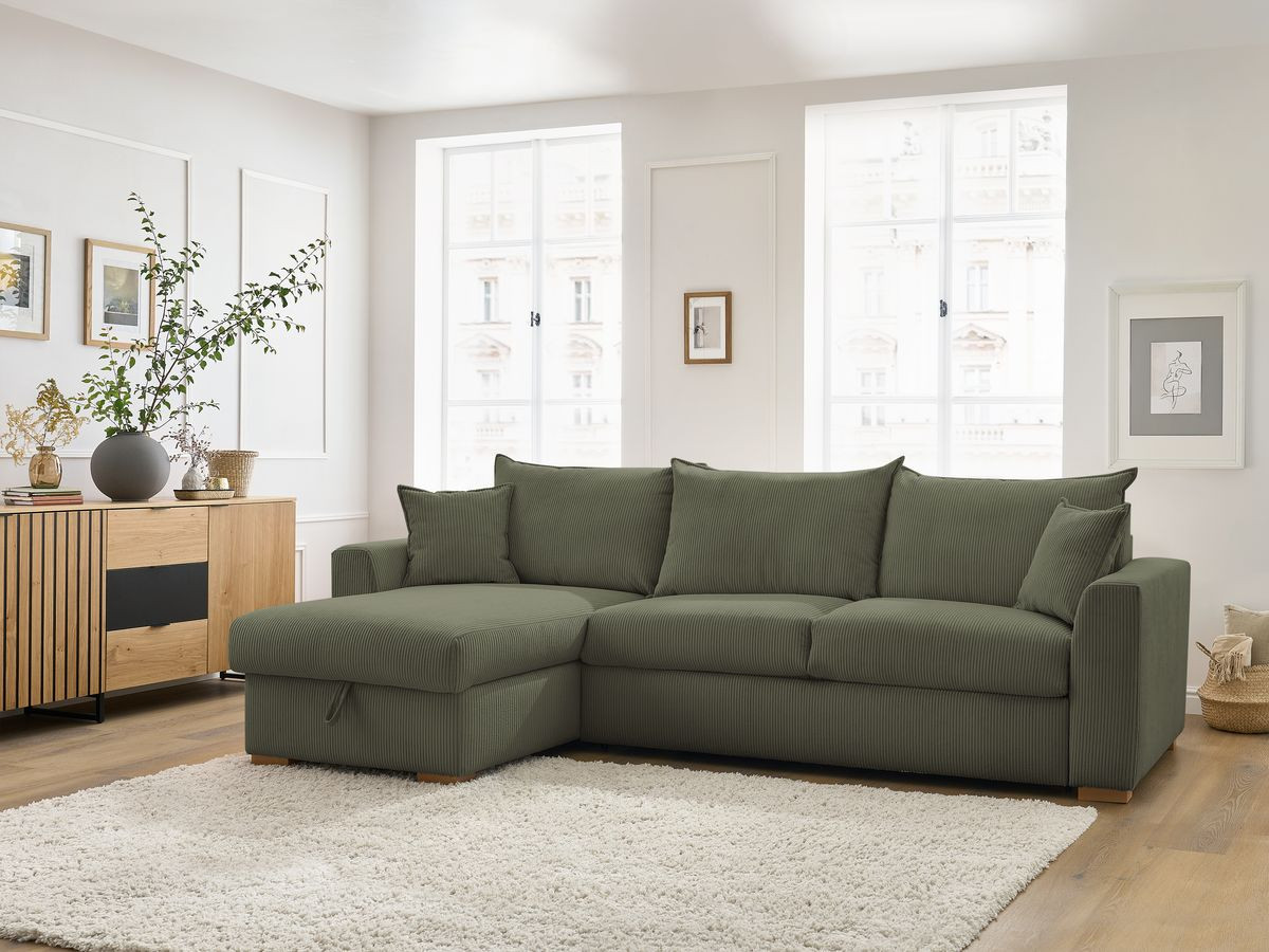 Bobochic Augustin Ecksofa mit Schlaffunktion und Bettkasten Cordsamt Hellgrün, Liegefläche 160 × 200 cm