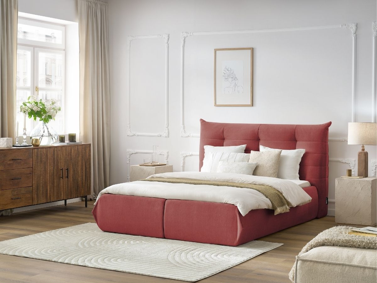 Bobochic Clothilde Polsterbett mit Bettkasten Samt Rot, Liegefläche 140 × 190 cm