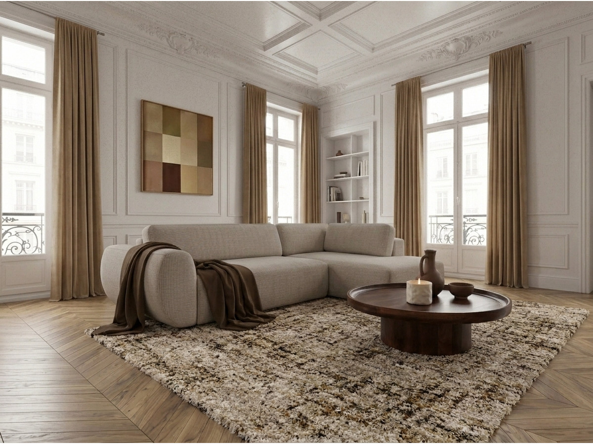 Bobochic Denise Ecksofa mit Schlaffunktion und Bettkasten 256 × 197 cm Strukturstoff Beige Ecke rechts