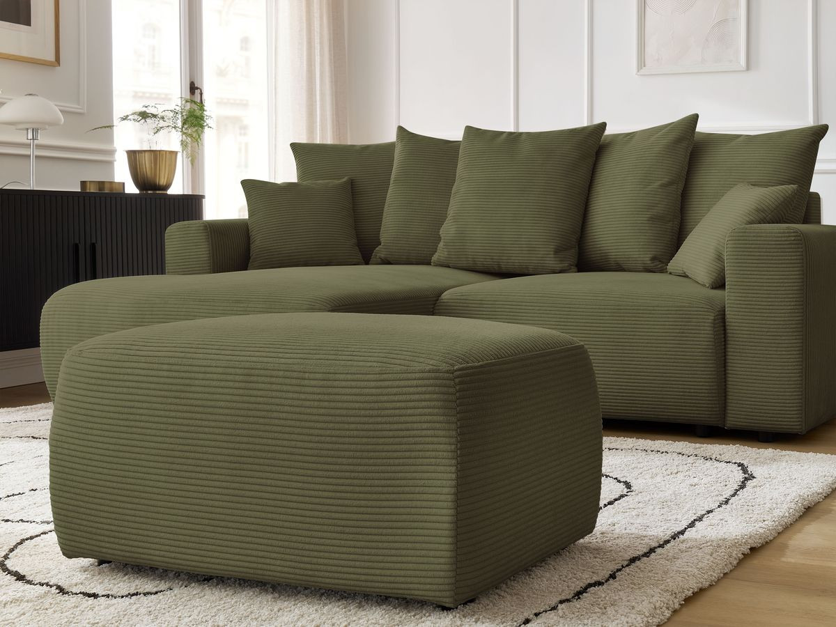 Bobochic Atilla Ecksofa mit Schlaffunktion und Bettkasten und Pouf Cordsamt Hellgrün Ecke links