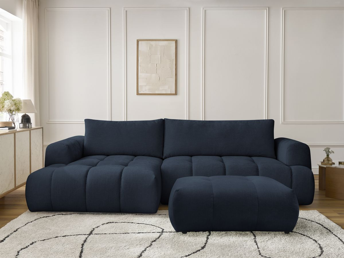 Bobochic Fuji Ecksofa mit Schlaffunktion und Bettkasten und Pouf 292 × 160 cm Stoff Dunkelblau Ecke links