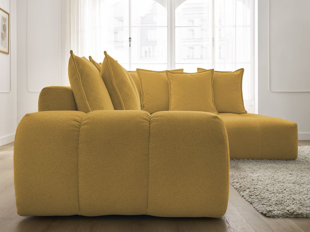 Bobochic Everest Ecksofa mit Schlaffunktion und Bettkasten 320 × 212 cm, 10 Kissen Melange-Stoff Gelb Ecke rechts