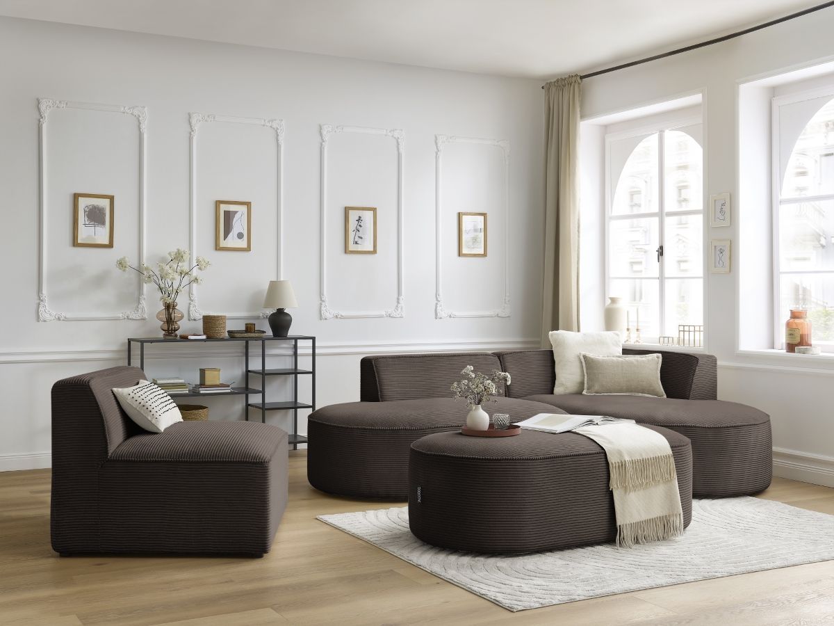 Bobochic Rousseau Ecksofa mit Sofamodul und Pouf Cordsamt Braun Ecke rechts