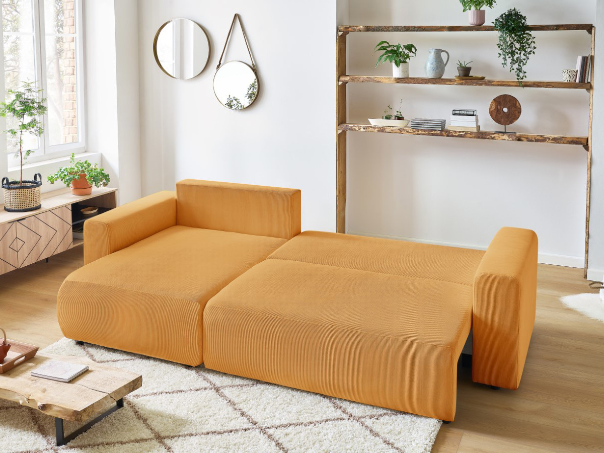 Bobochic Envy Ecksofa mit Schlaffunktion und Bettkasten Cordsamt Gelb