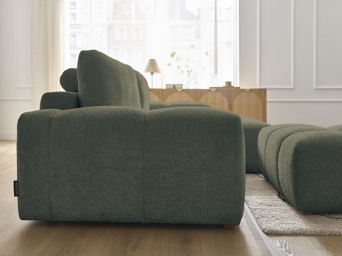 Bobochic Anakin Ecksofa mit Pouf, 2 Kissen Bouclé-Stoff Grün