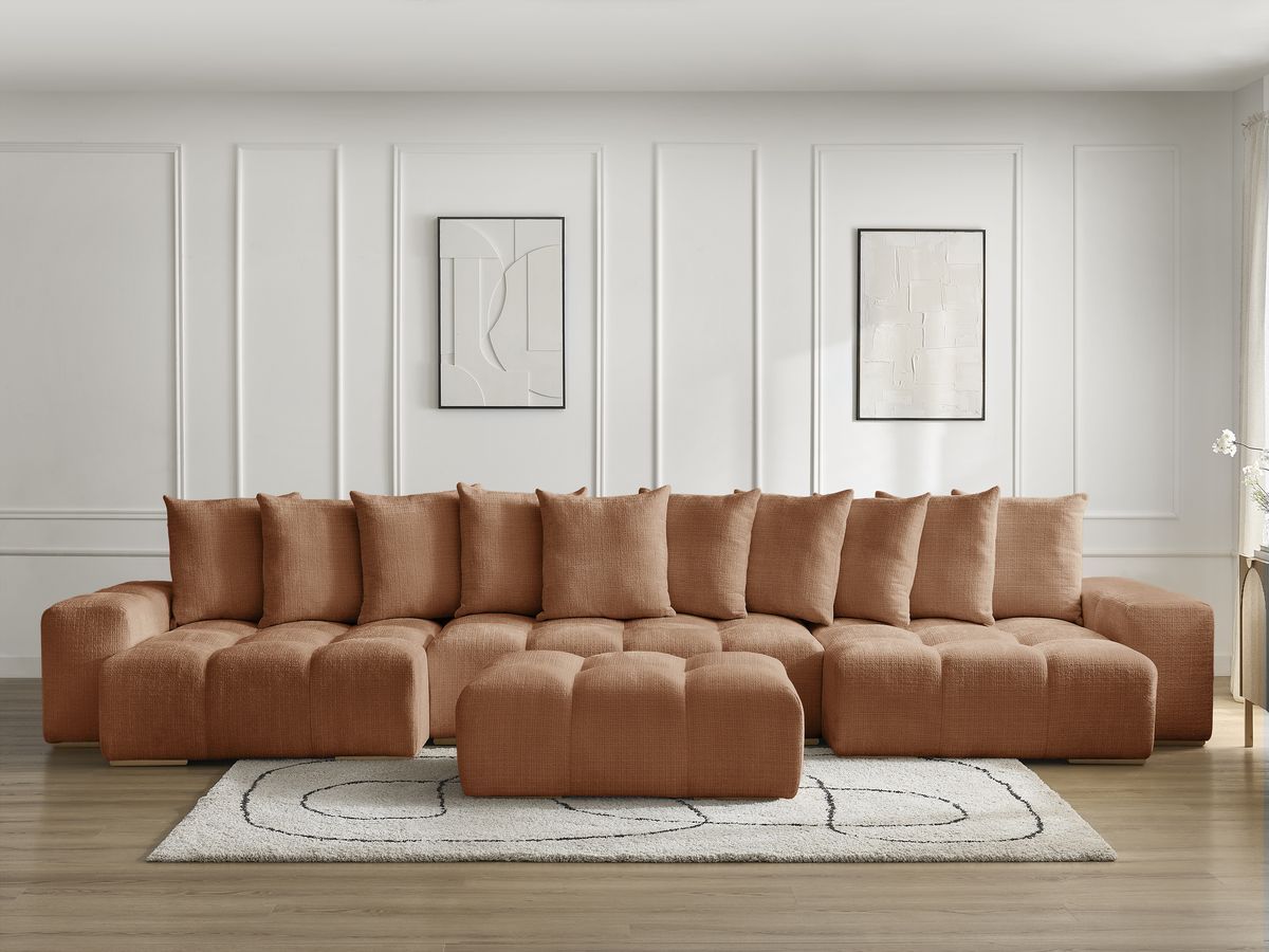 Bobochic Anakin Wohnlandschaft mit Pouf, Liegefläche 137 × 382 cm, 10 Kissen Strukturstoff Orange