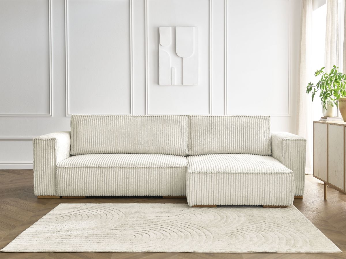 Bobochic Chelsea Ecksofa mit Schlaffunktion und Bettkasten Breitcord weich Beige