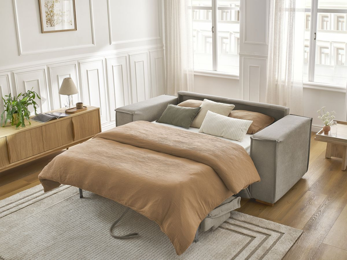 Bobochic Chelsea Schlafsofa 3-Sitzer Strukturstoff Taupe, Liegefläche 140 × 200 cm