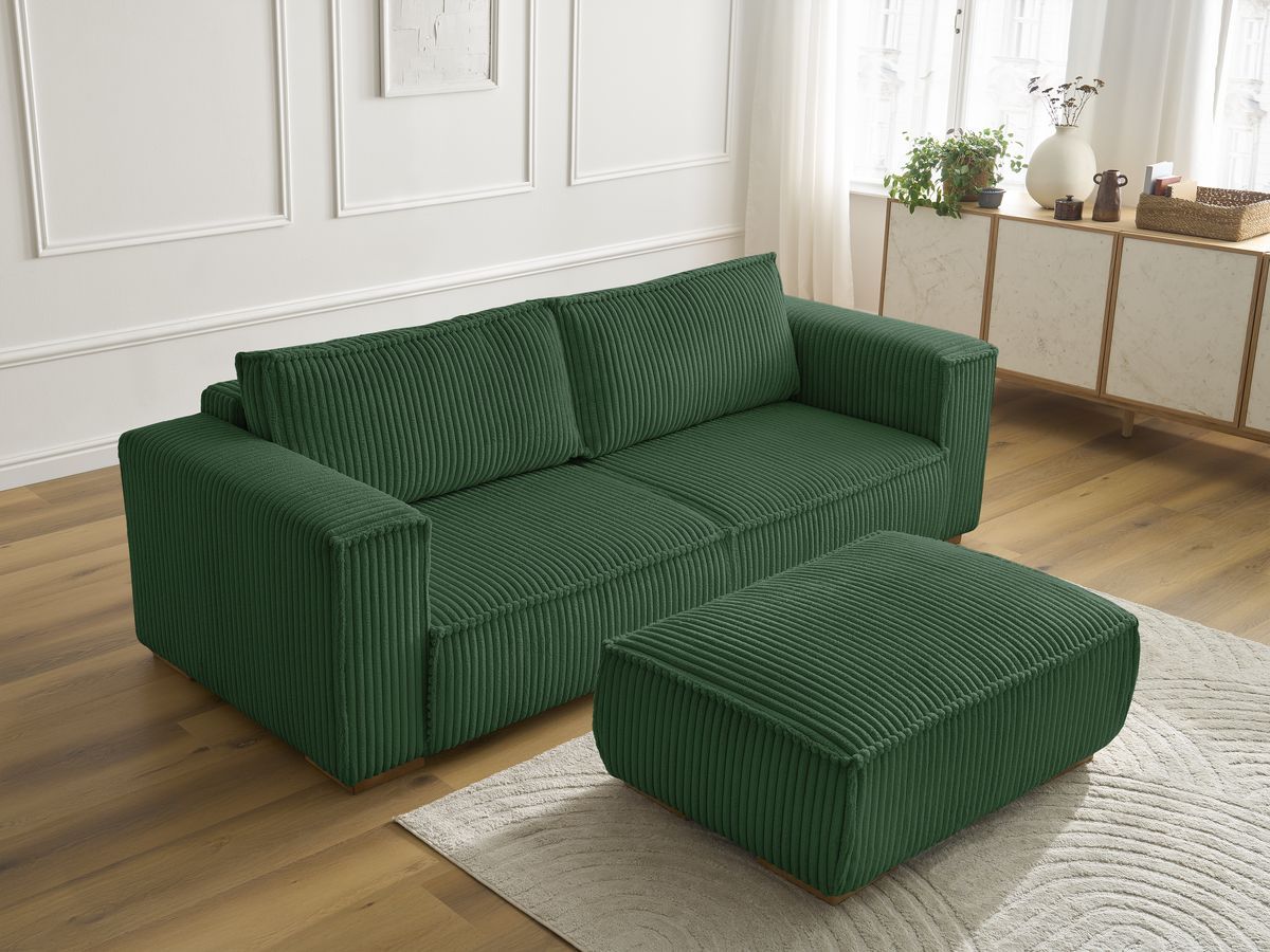 Bobochic Chelsea Sofa 4-Sitzer mit Pouf Breitcord weich Grün
