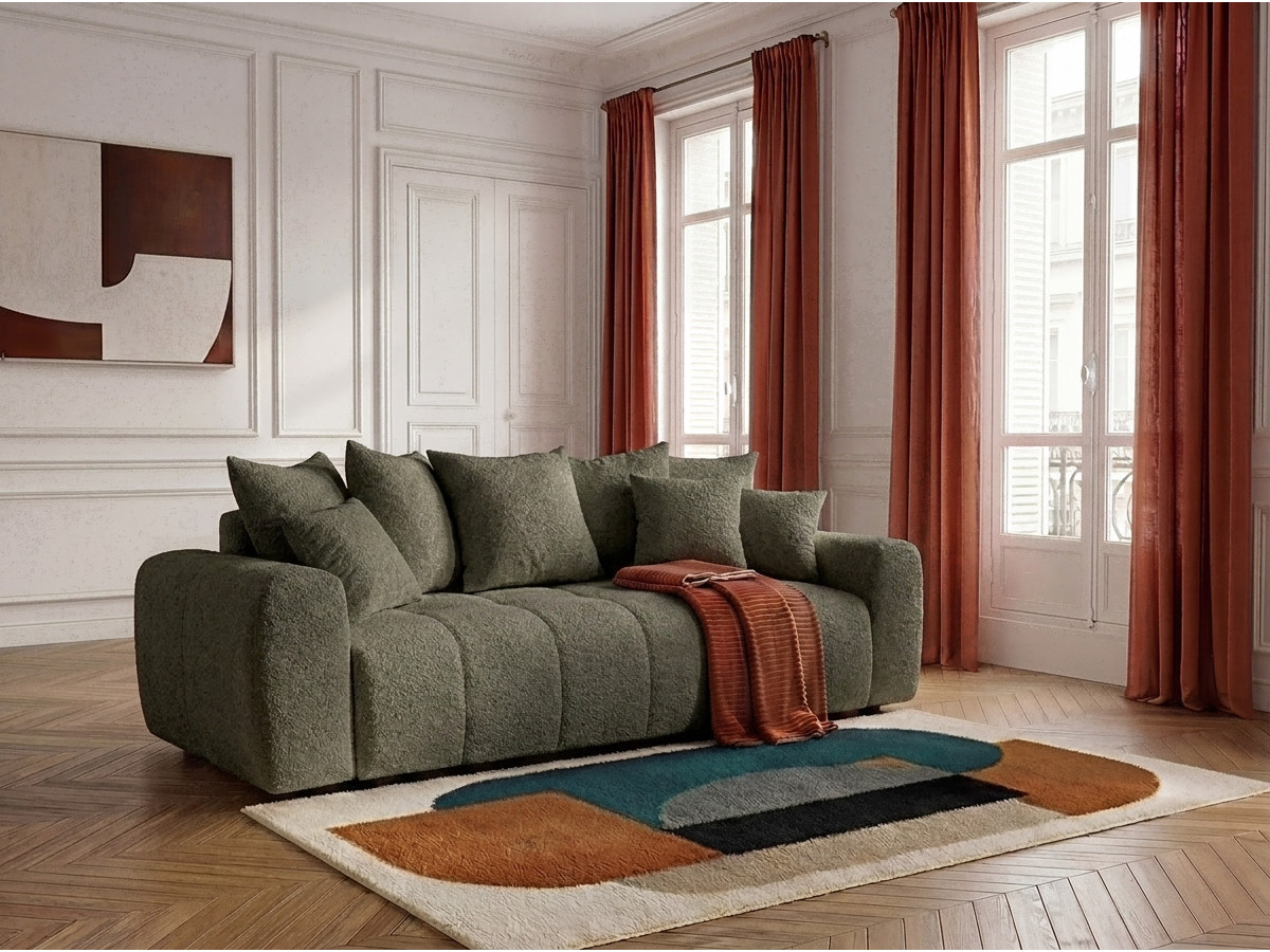 Bobochic Roxelane Schlafsofa 3-Sitzer mit Bettkasten Bouclé-Stoff Grün