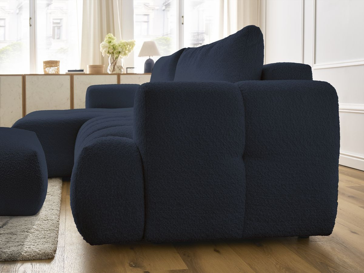Bobochic Fuji Ecksofa mit Schlaffunktion und Bettkasten und Pouf 292 × 160 cm Bouclé-Stoff Dunkelblau Ecke links