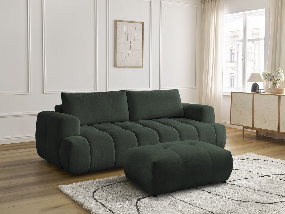 Bobochic Fuji Schlafsofa 3-Sitzer mit Bettkasten und Pouf Stoff Grün