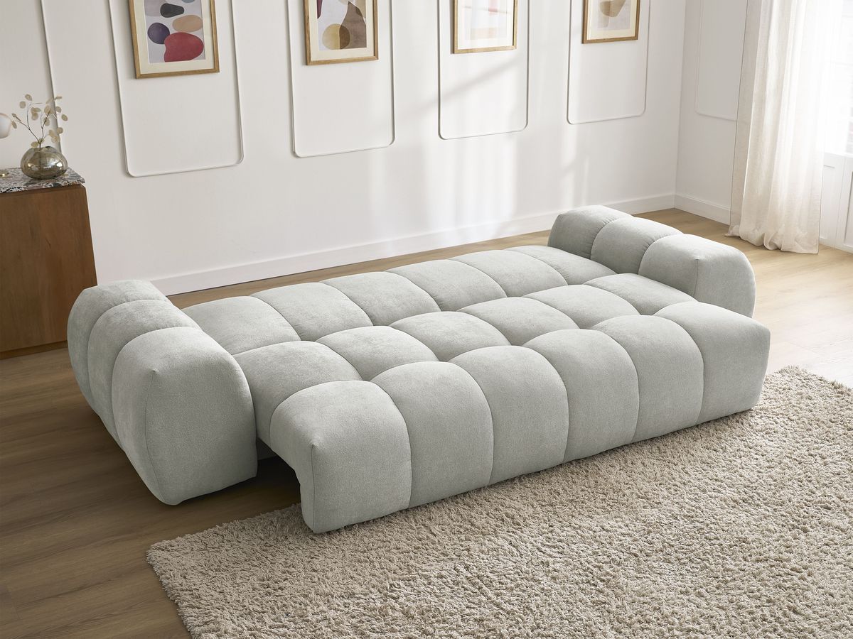Bobochic Everest Schlafsofa 3-Sitzer mit Bettkasten, 5 Kissen Strukturstoff Hellgrau