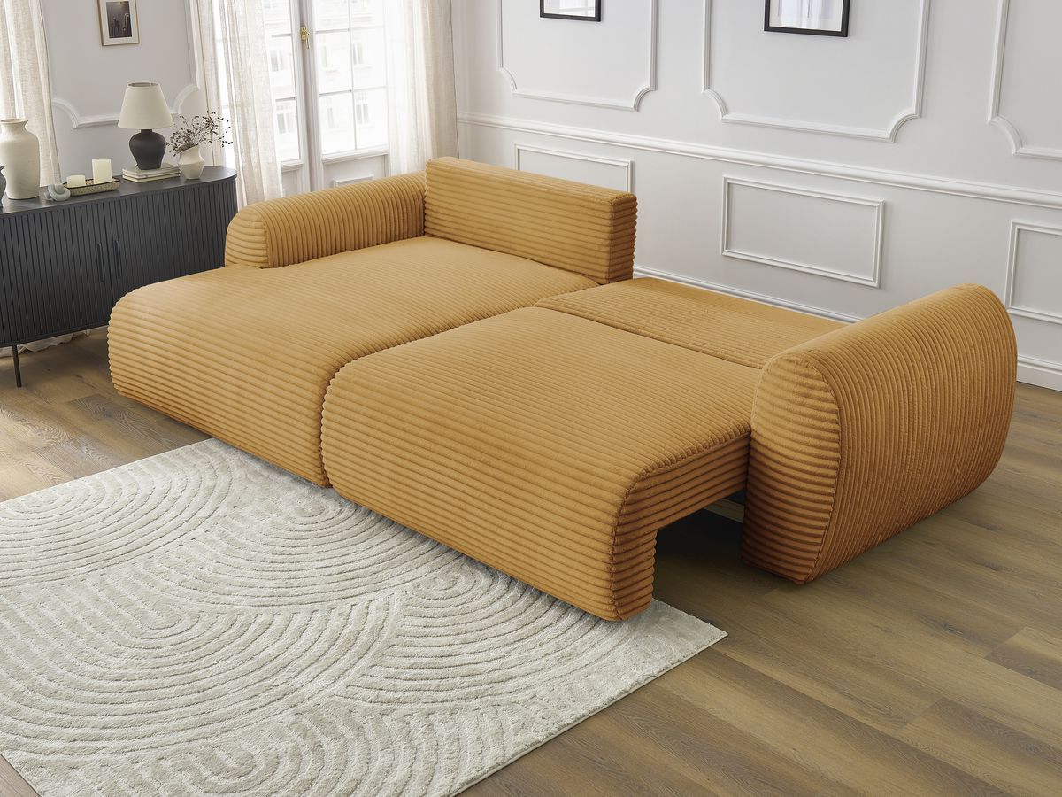 Bobochic Lucien Ecksofa mit Schlaffunktion und Bettkasten 314 × 167 cm Breitcord weich Gelb Ecke links