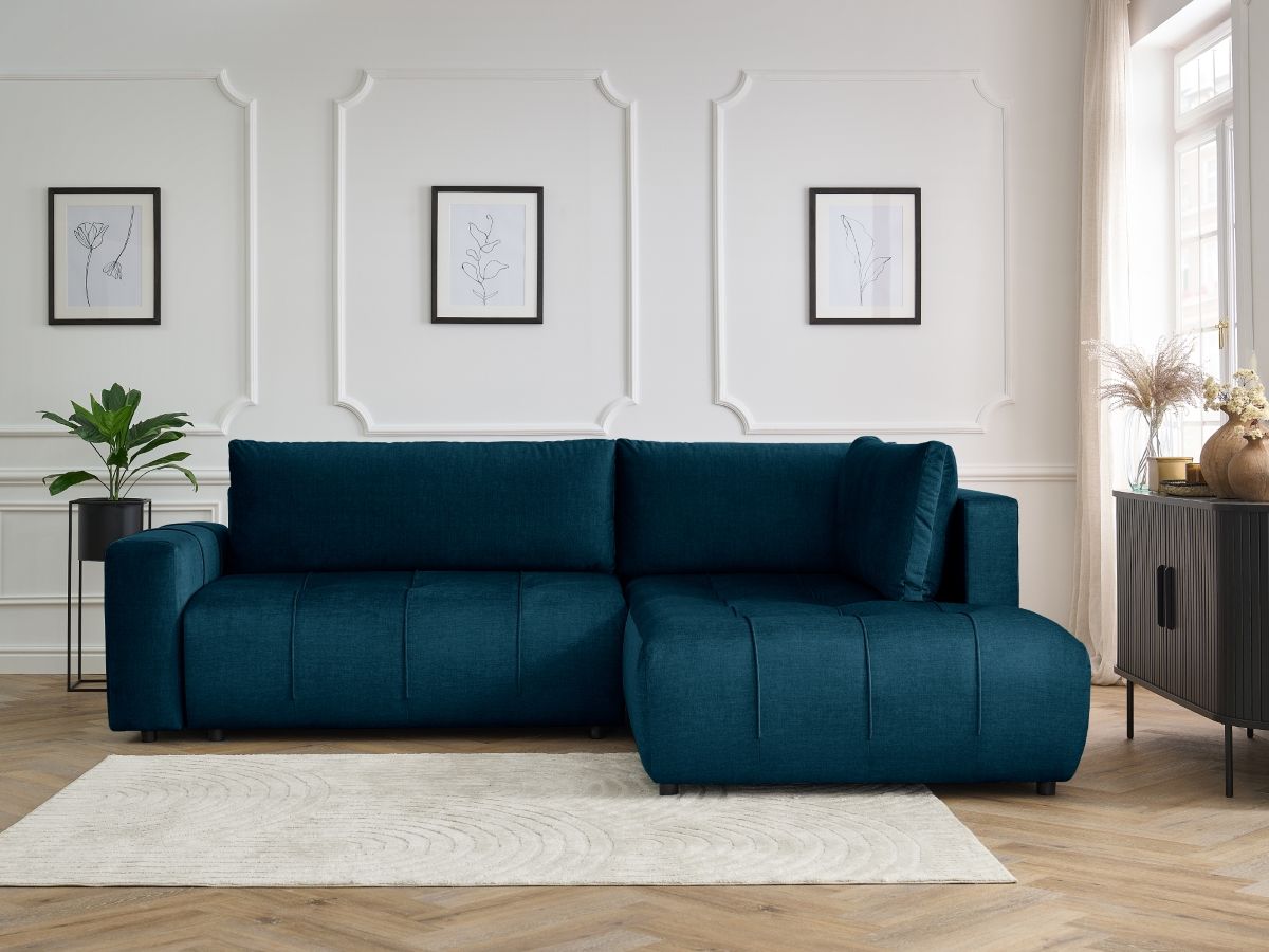 Bobochic Arsene Ecksofa mit Schlaffunktion und Bettkasten 277 × 200 cm Samt Dunkelblau Ecke rechts