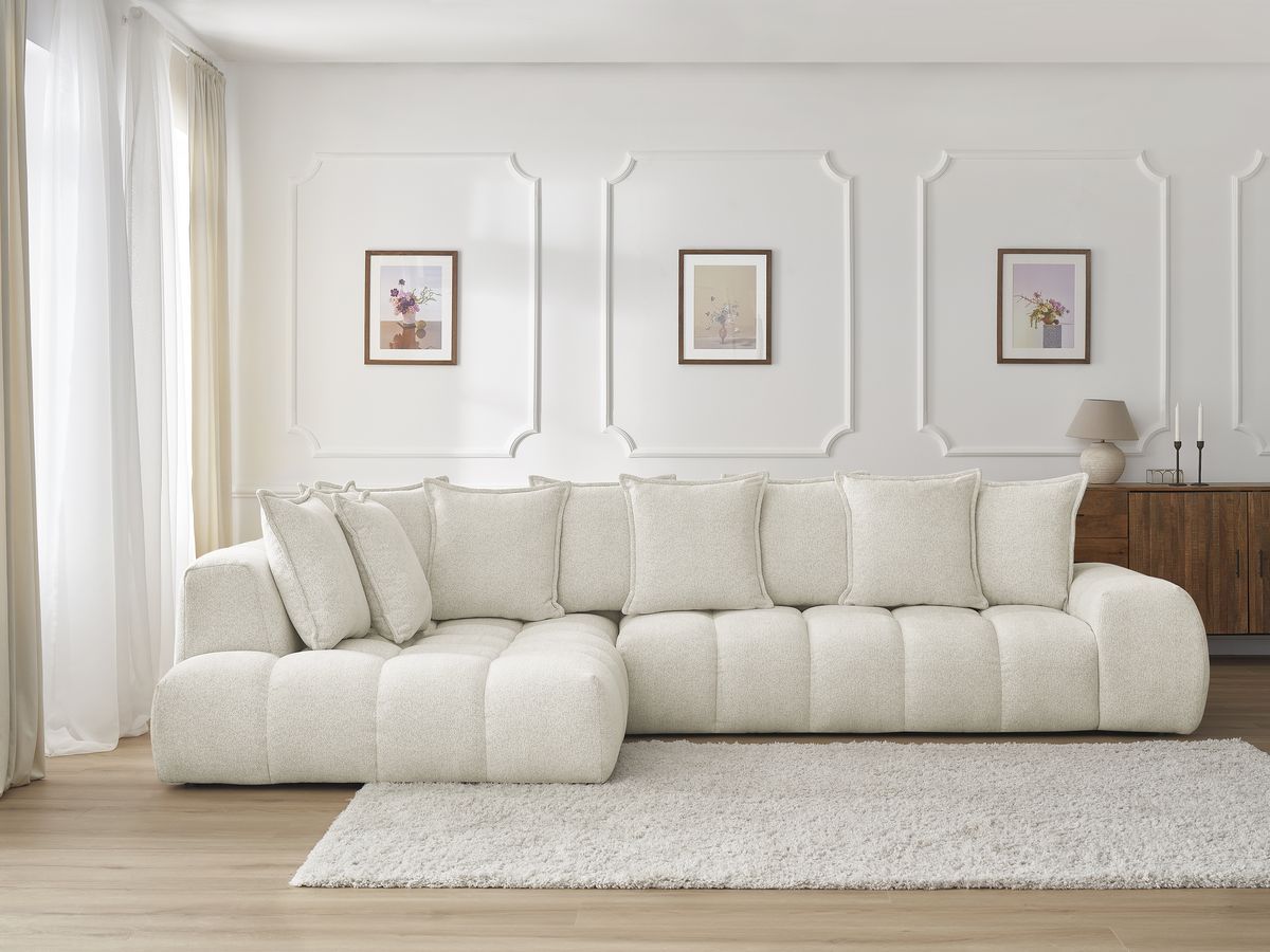 Bobochic Everest Ecksofa, 10 Kissen Melange-Stoff Weiß Ecke links