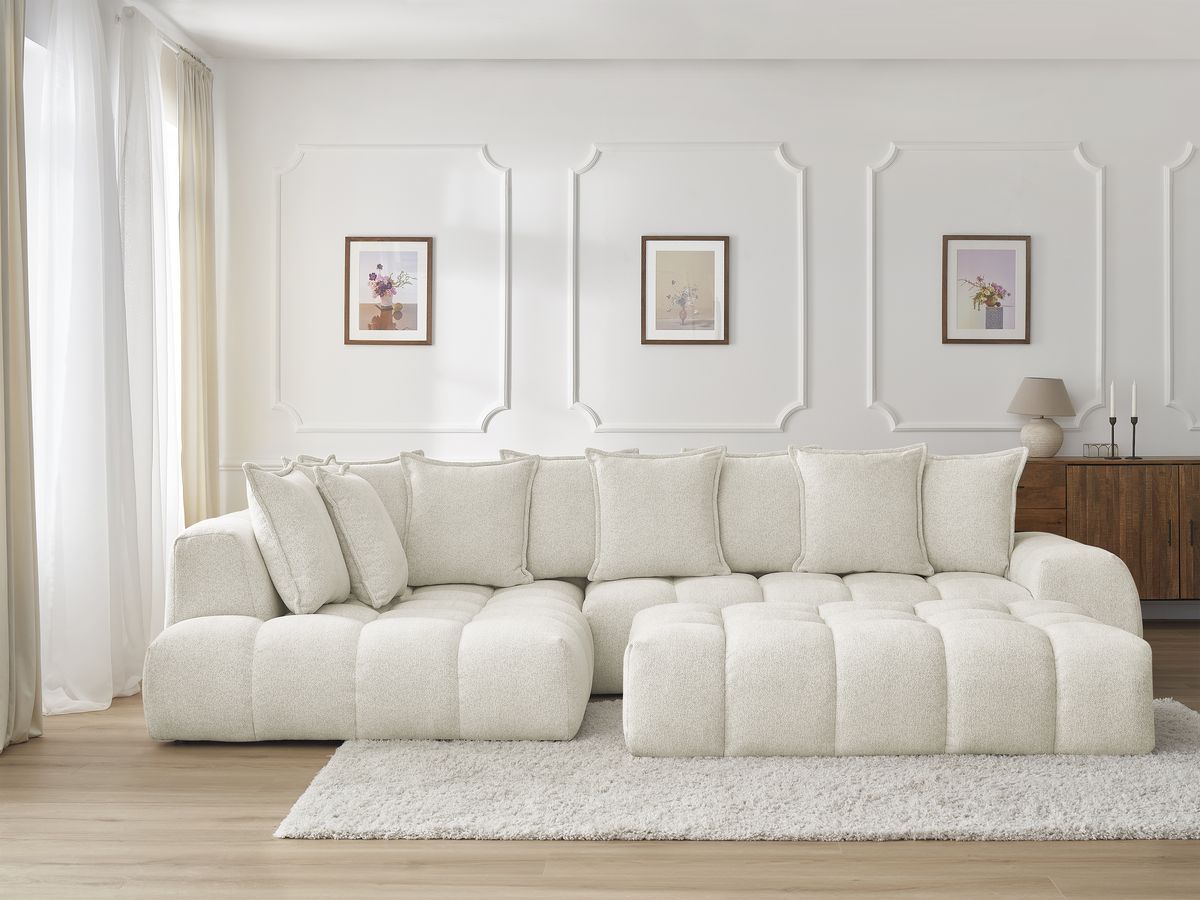 Bobochic Everest Ecksofa mit Schlaffunktion und Pouf, 10 Kissen Melange-Stoff Weiß Ecke links