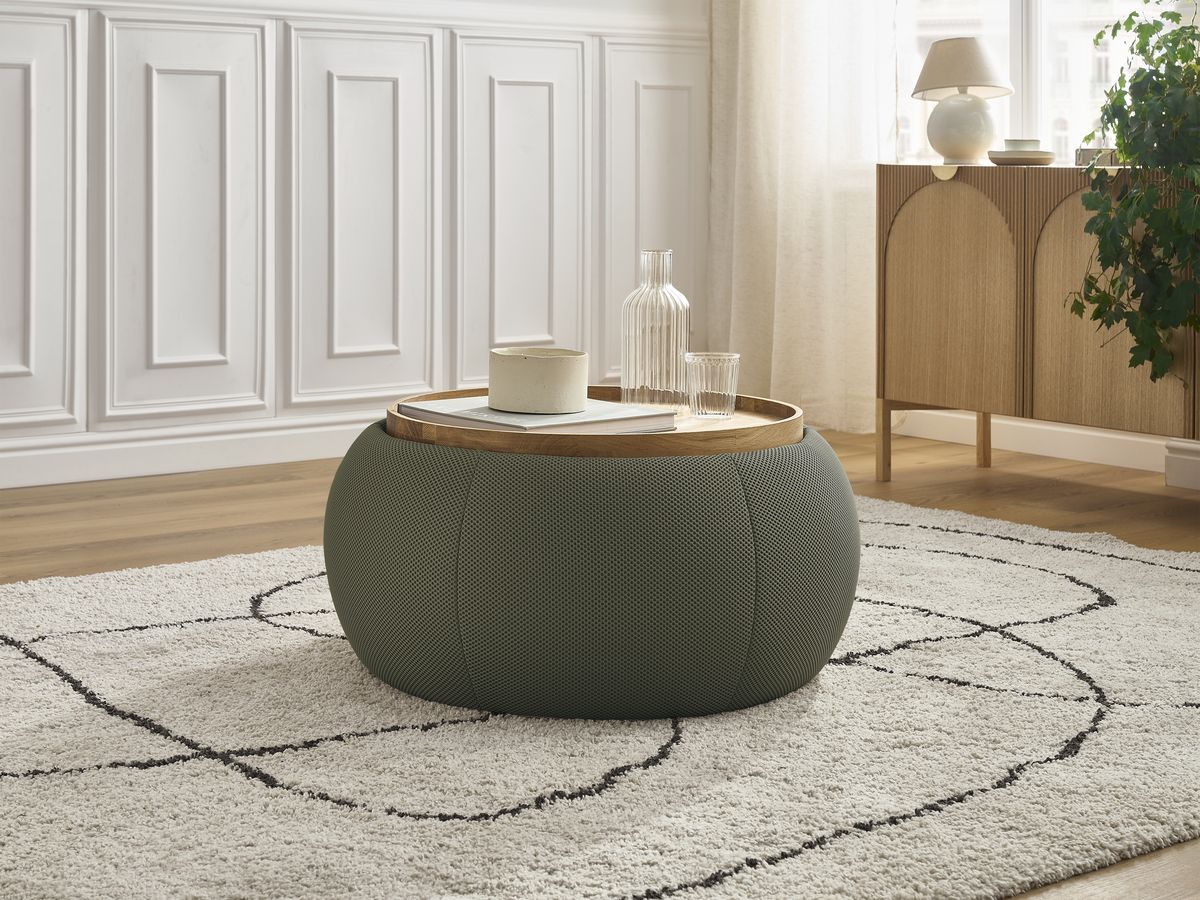 Bobochic Hayden Pouf mit Tablett, rund Mesh-Stoff Grün, 77 cm