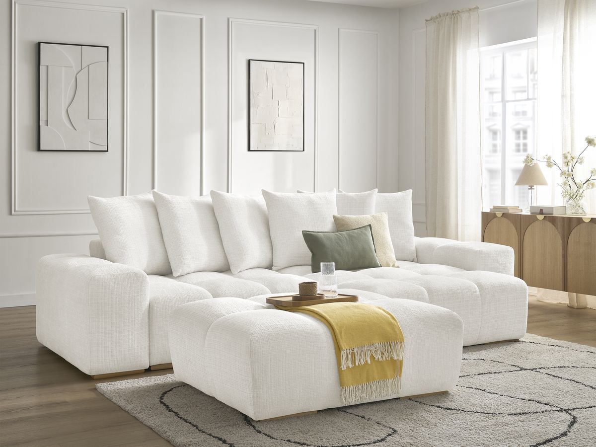 Bobochic Anakin Ecksofa mit Schlaffunktion und Bettkasten und Pouf Strukturstoff Weiß