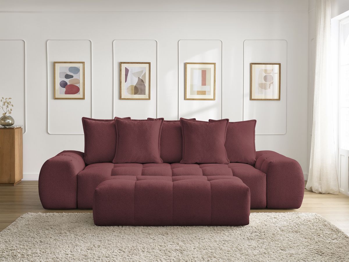 Bobochic Everest Sofa 3-Sitzer mit Pouf, 5 Kissen Melange-Stoff Rot