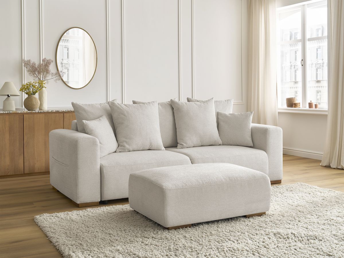 Bobochic Sidonie Schlafsofa 4-Sitzer mit Bettkasten und Pouf Melange-Stoff Beige