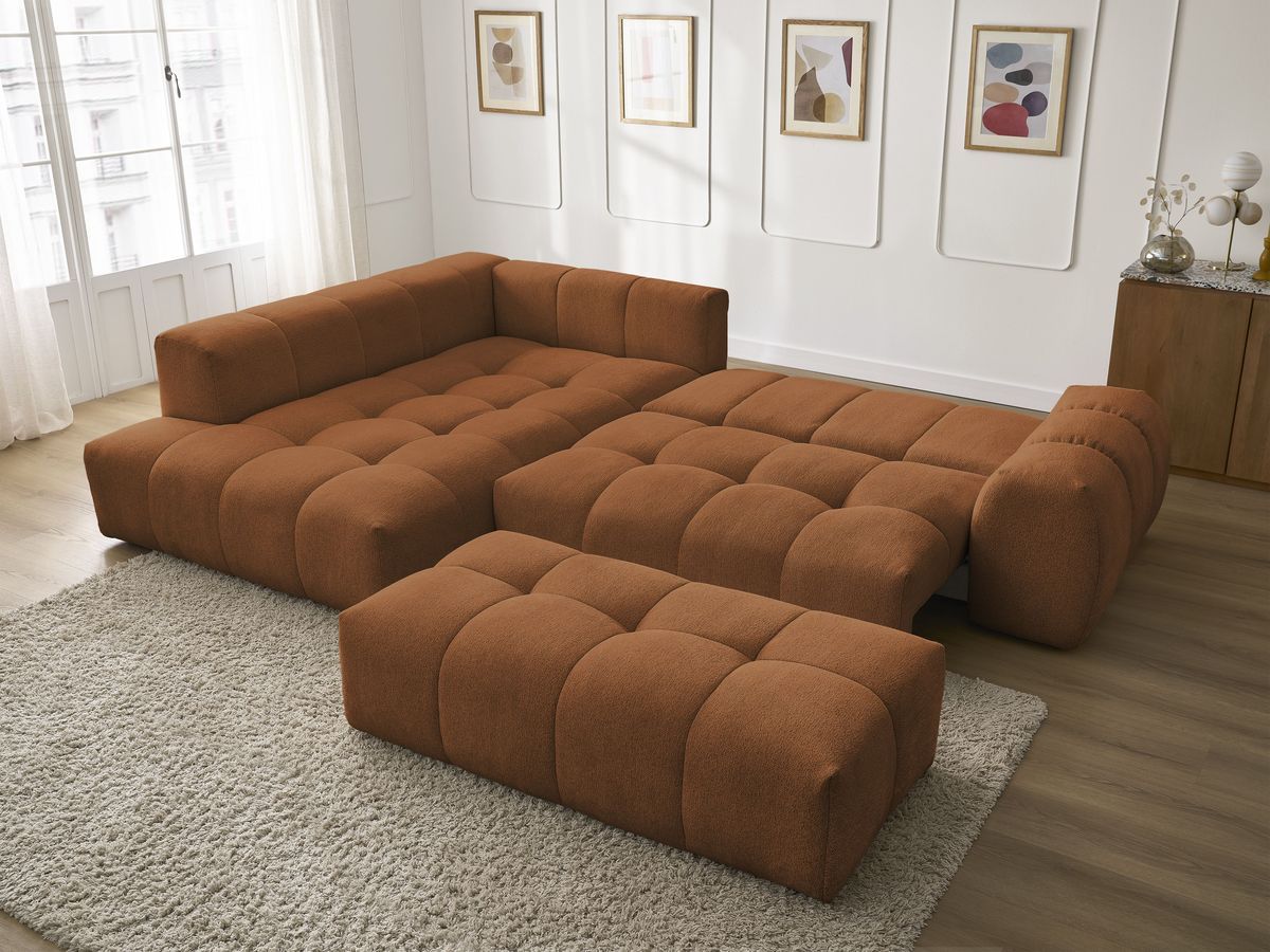 Bobochic Everest Ecksofa mit Schlaffunktion und Bettkasten und Pouf 320 × 212 cm, 10 Kissen Melange-Stoff Orange Ecke links