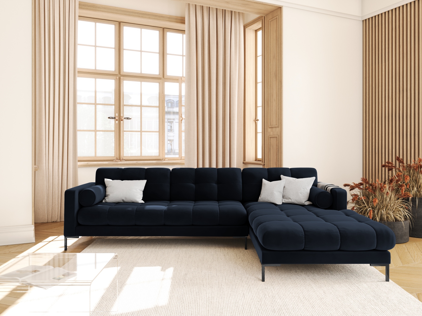 Cosmopolitan Design Ecksofa Bali 5-Sitzer Samt Bluvel Dunkelblau Rechts Beine Schwarzes Metall