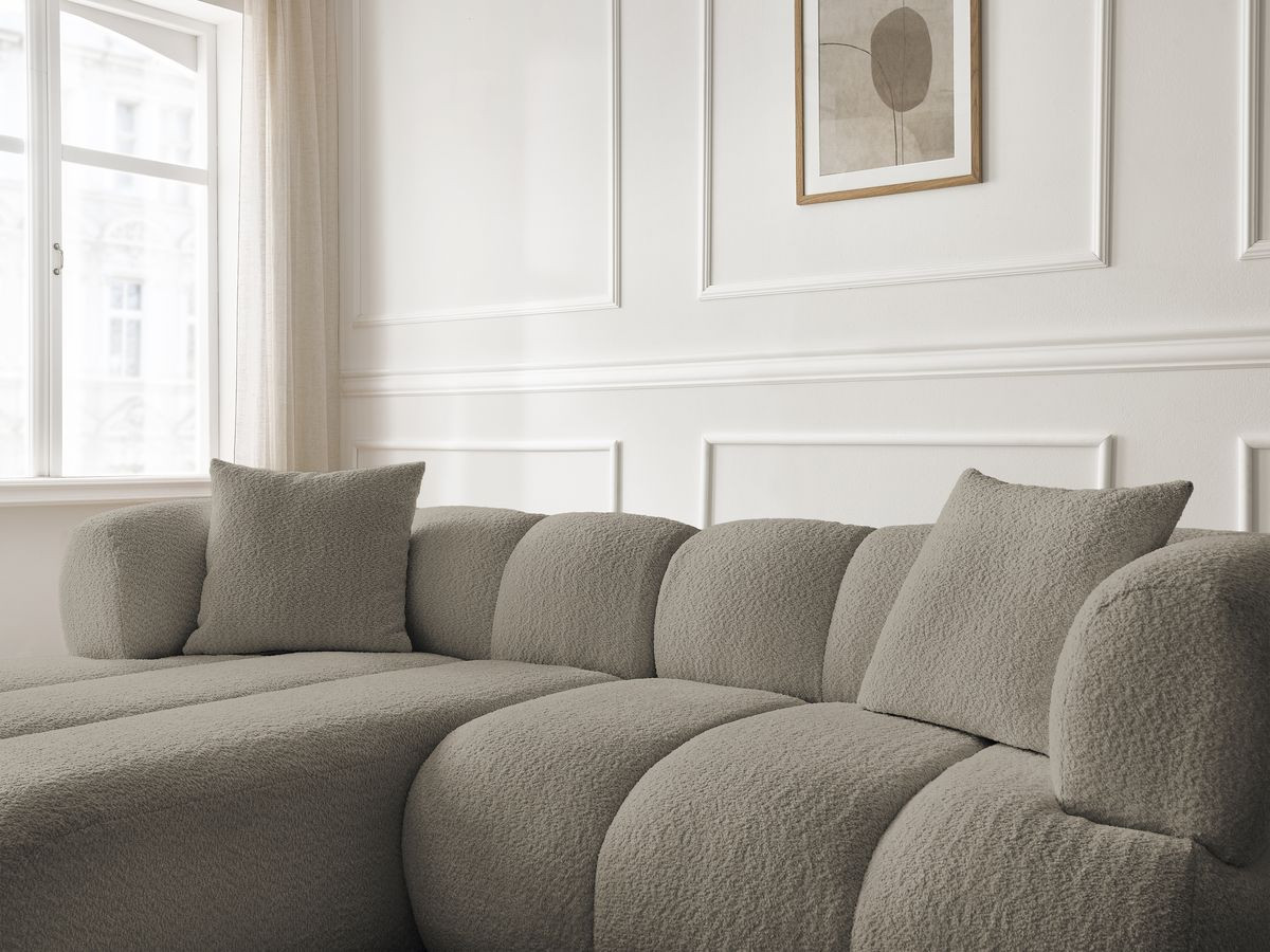 Bobochic Pamira Ecksofa mit Pouf Bouclé-Stoff Taupe Ecke links
