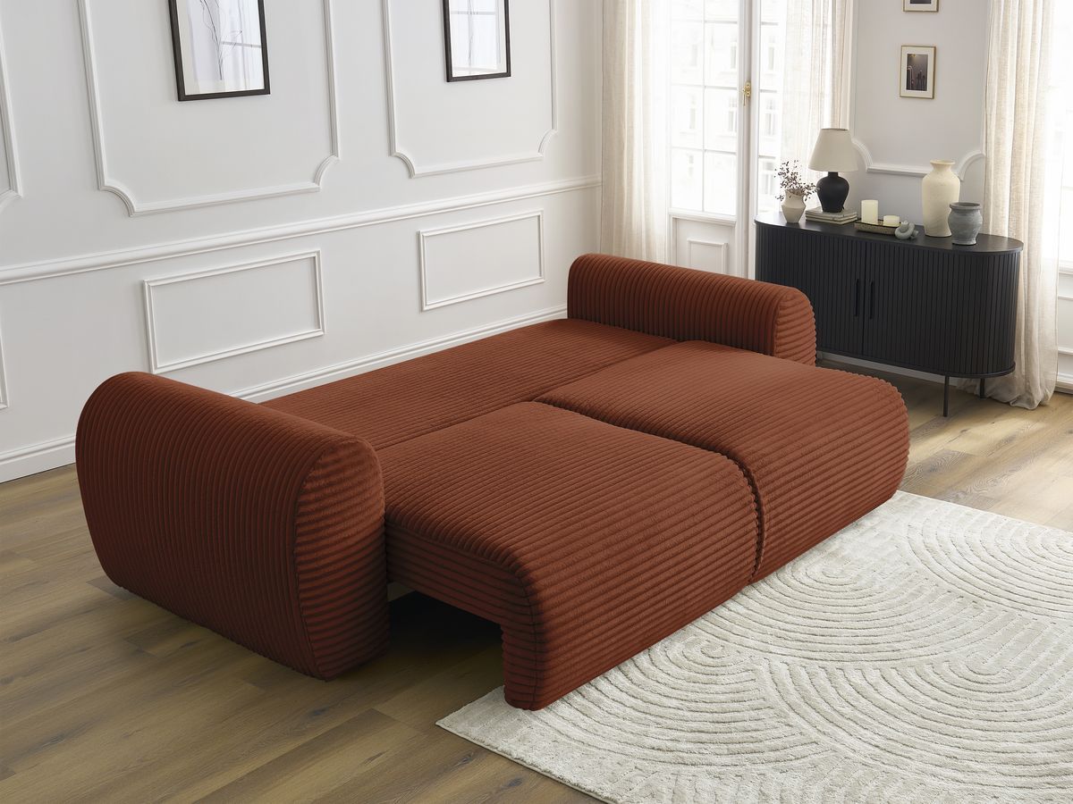 Bobochic Lucien Schlafsofa 3-Sitzer mit Bettkasten Breitcord weich Orange
