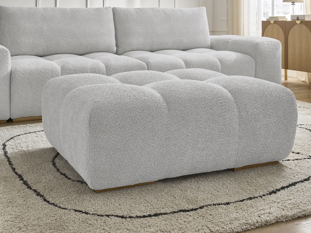 Bobochic Anakin Schlafsofa 3-Sitzer mit Bettkasten und Pouf, 2 Kissen Bouclé-Stoff Hellgrau