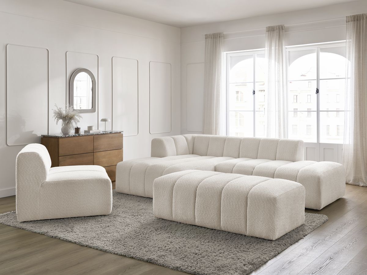 Bobochic Annecy Ecksofa mit Sofamodul und Pouf Bouclé-Stoff Weiß Ecke links