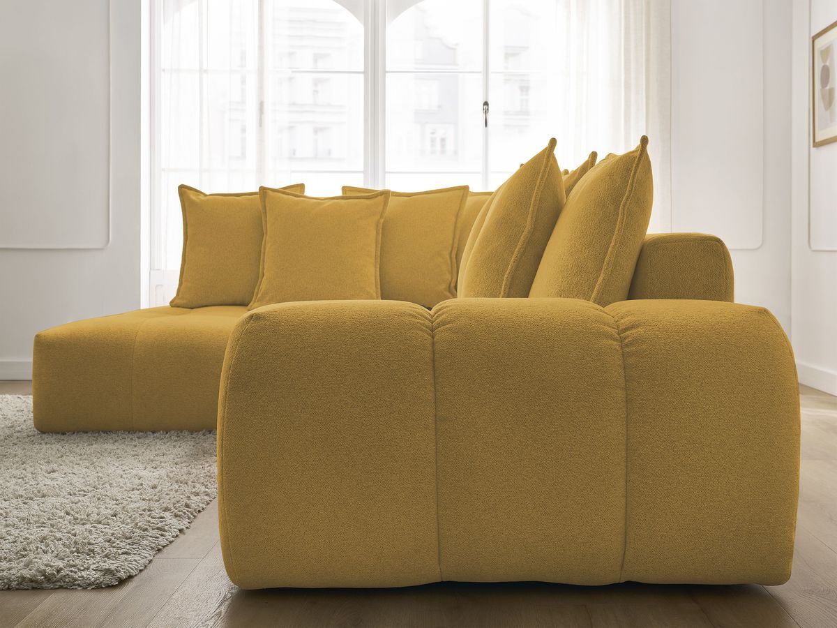 Bobochic Everest Ecksofa mit Schlaffunktion und Bettkasten 320 × 212 cm, 10 Kissen Melange-Stoff Gelb Ecke links