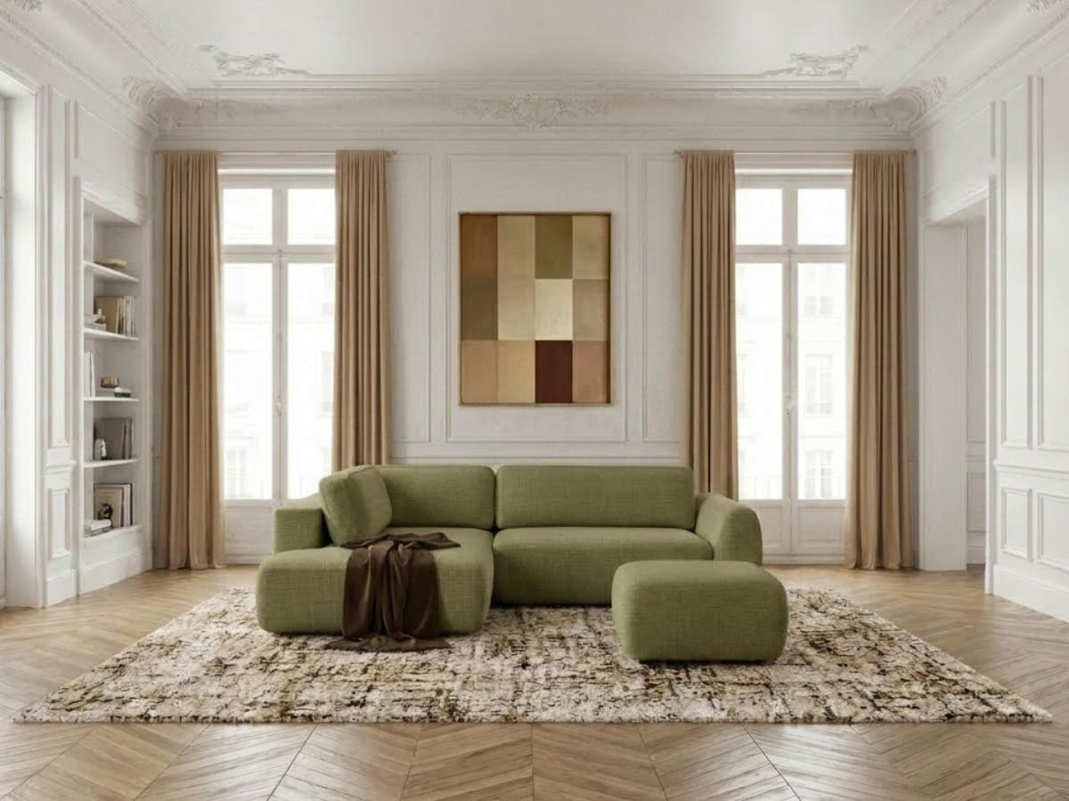 Bobochic Denise Ecksofa mit Schlaffunktion und Bettkasten und Pouf 256 × 197 cm Strukturstoff Grün Ecke links