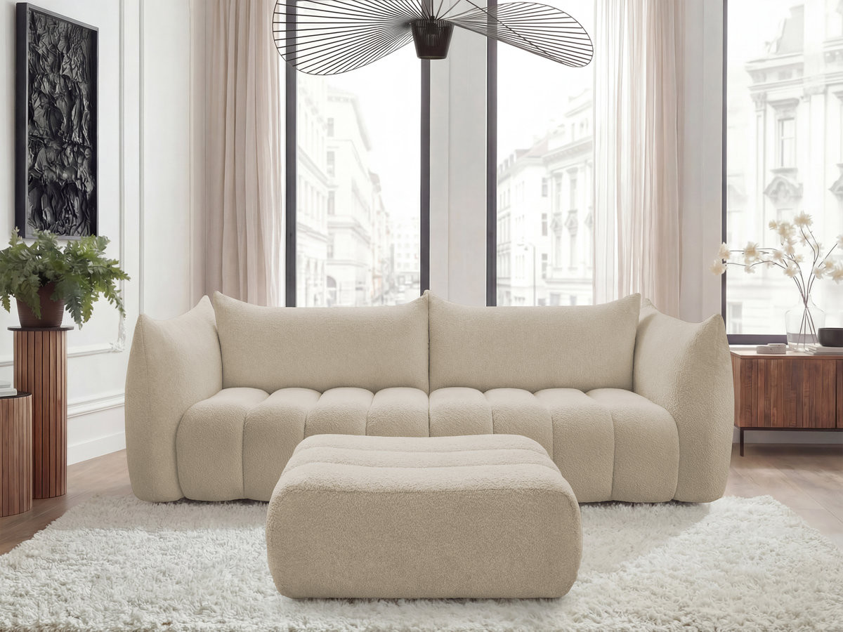 Bobochic Azra Sofa 4-Sitzer mit Pouf Bouclé-Stoff Beige